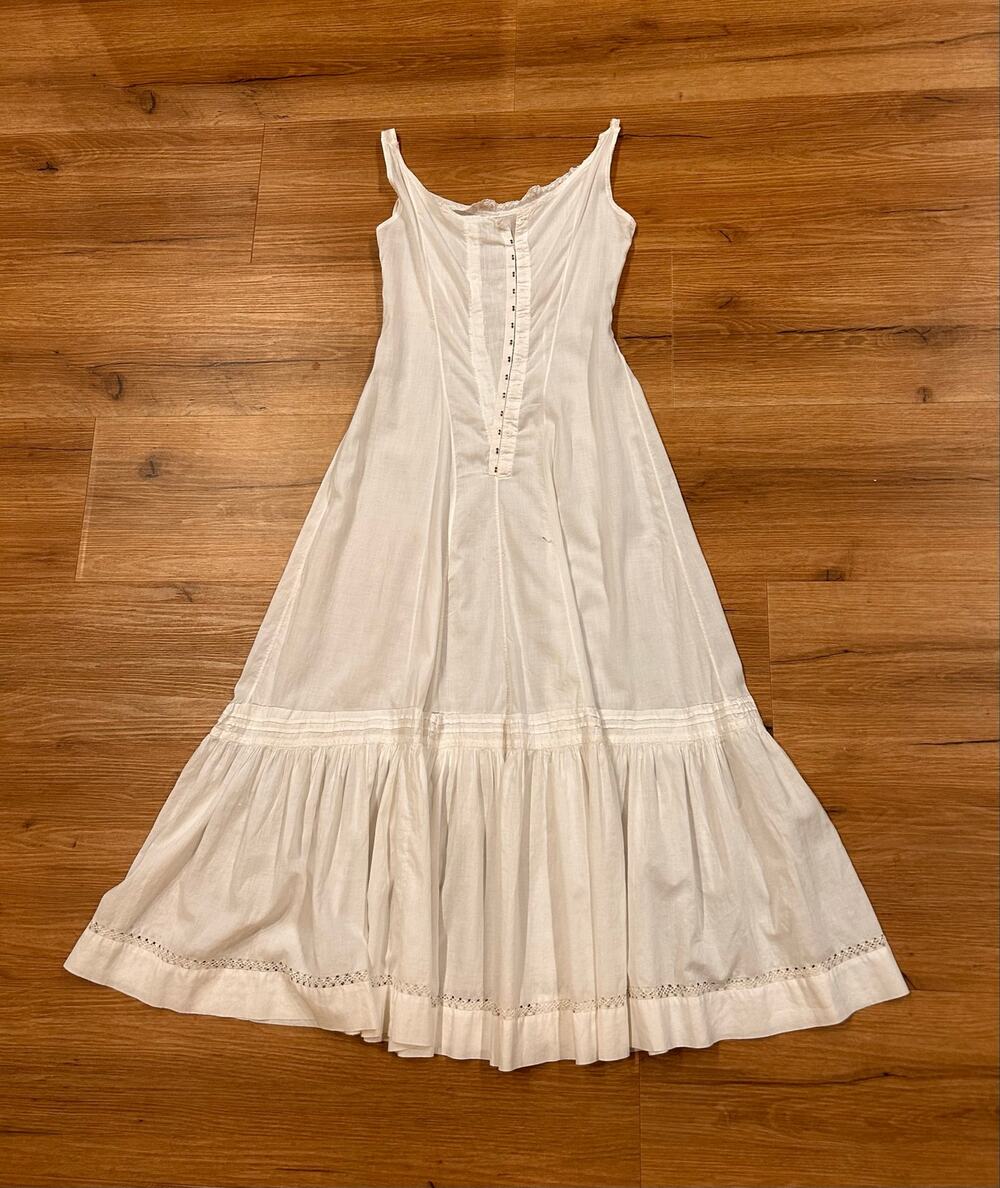 Antique Edwardian White Cotton Slip Dress Petticoat XS Hook Eye 1900s AS IS -